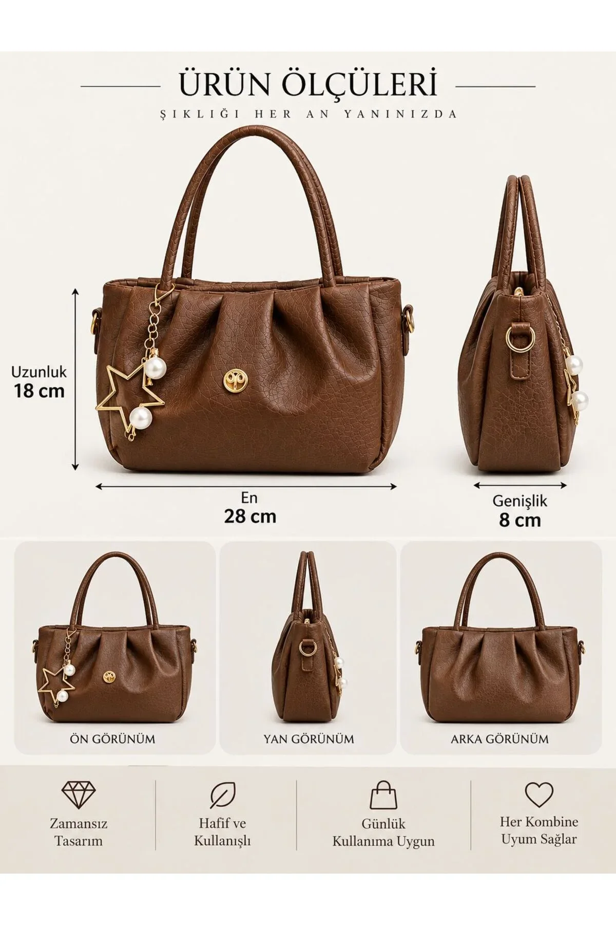 CHARM DETAYLI EL ÇANTASI ÖLÇÜ UZUNLUK 18 CM EN 28 CM GENİŞLİK 8