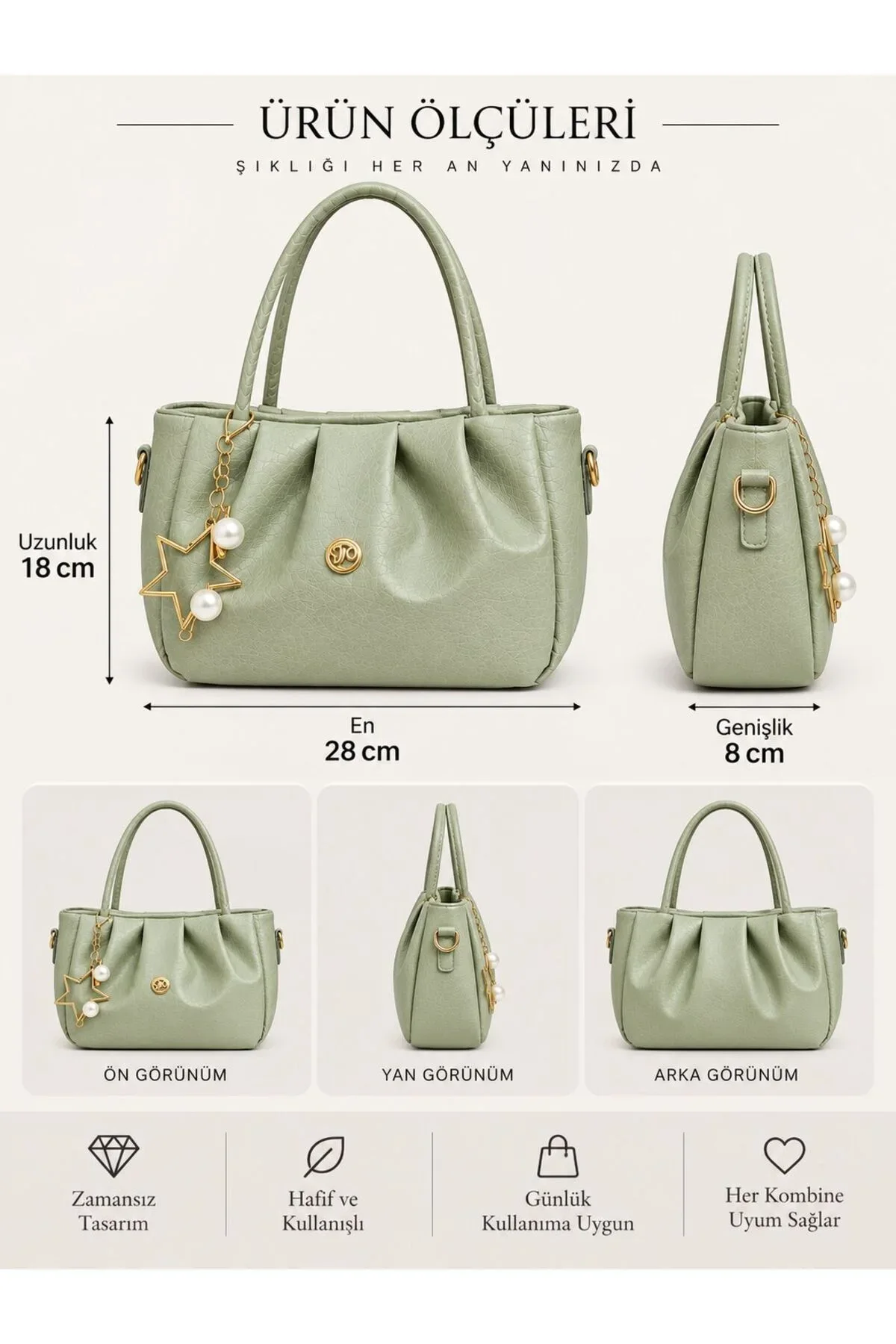 CHARM DETAYLI EL ÇANTASI ÖLÇÜ UZUNLUK 18 CM EN 28 CM GENİŞLİK 8